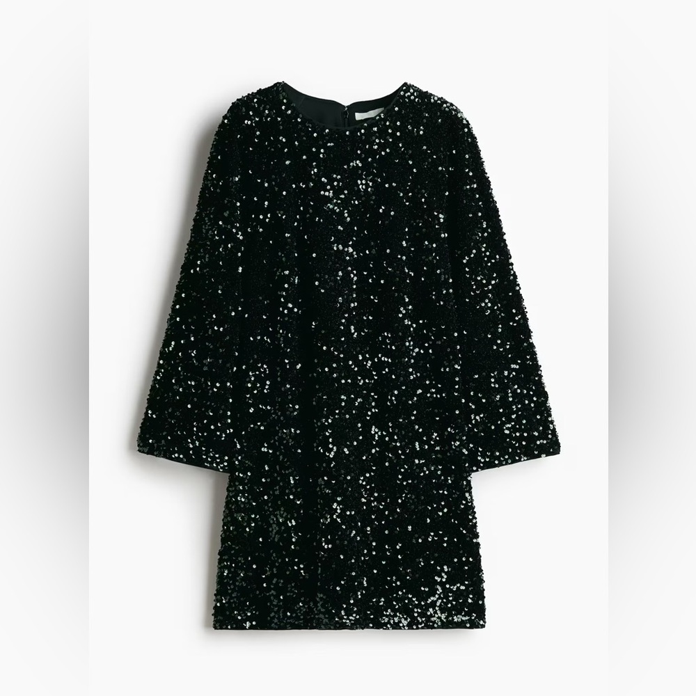 H&M Sequined A-line Dress Dark Green Size Xs